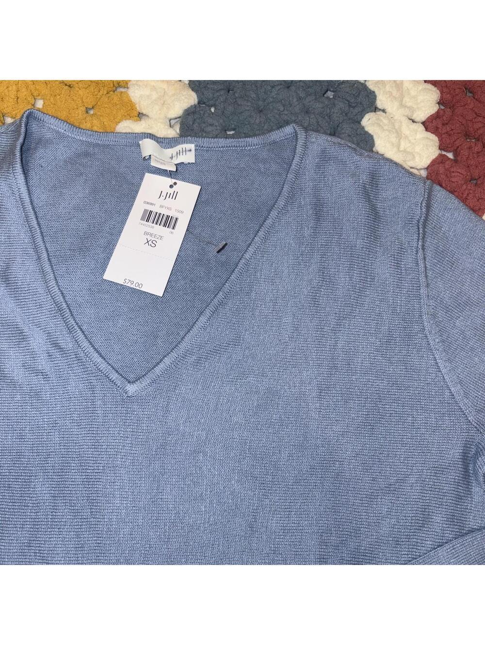 J.Jill $79 New Silk / Wool Blend V-Neck Tunic Top Sweater Blue Woman’s Size XS